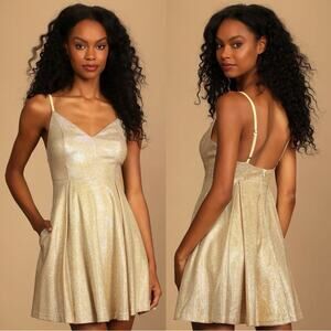 Lulus Lookout Weekend Sparkly Gold Skater Dress size Large